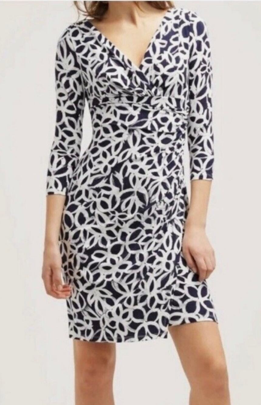 Ralph Lauren Faux Wrap Dress Surplice Neckline Floral Gray 10 Ruched Sheath
